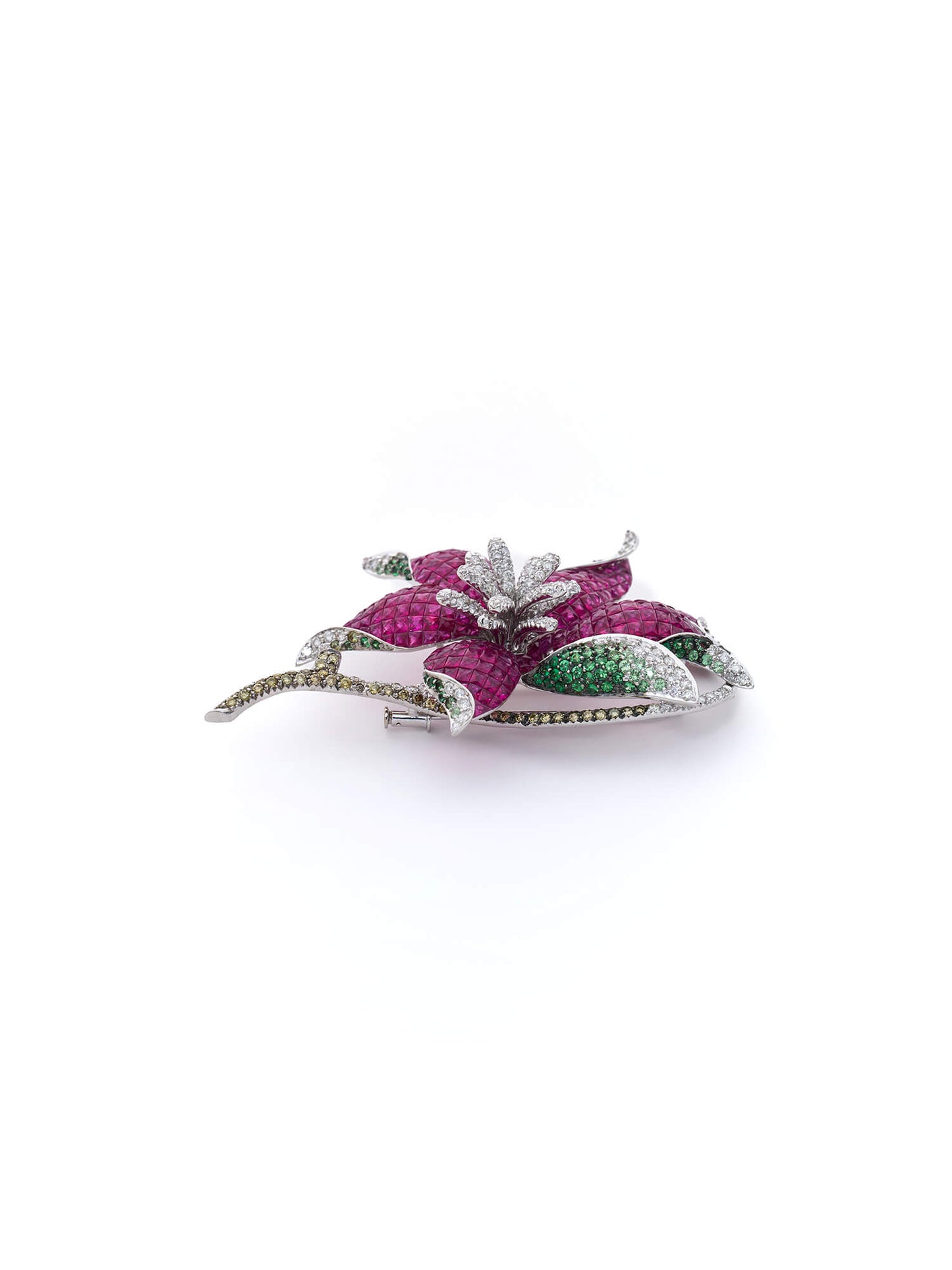 Ruby, Tsavorite & Diamond Floral Brooch in 18K White Gold