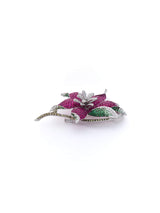 Ruby, Tsavorite & Diamond Floral Brooch in 18K White Gold