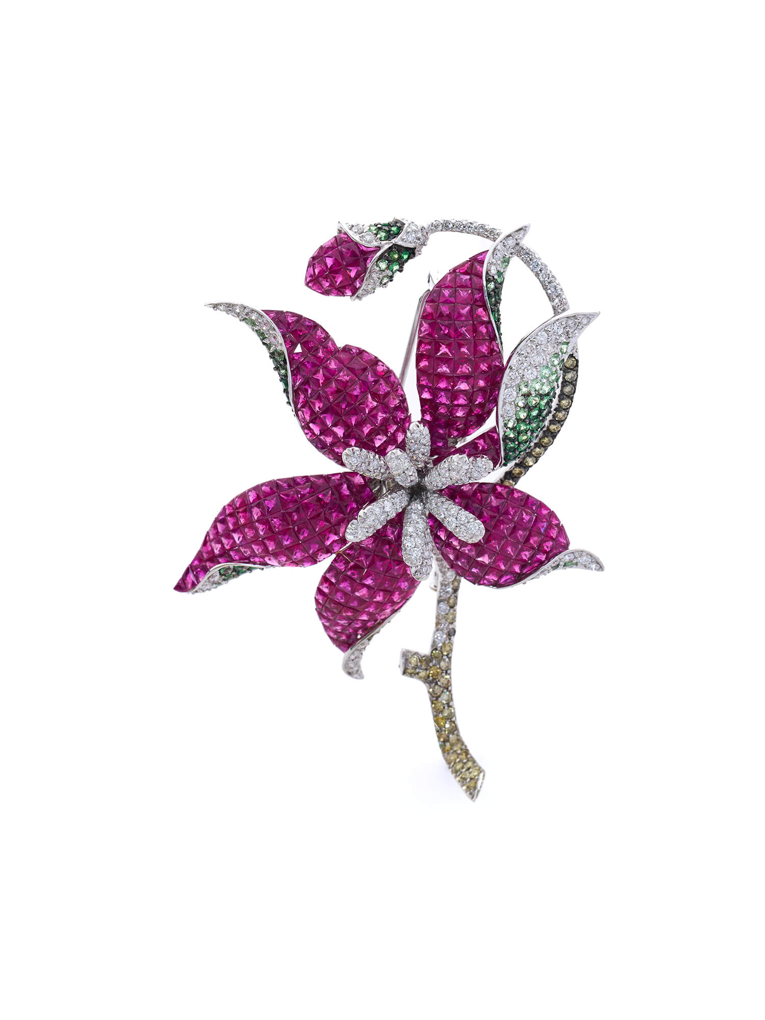 Ruby, Tsavorite & Diamond Floral Brooch in 18K White Gold