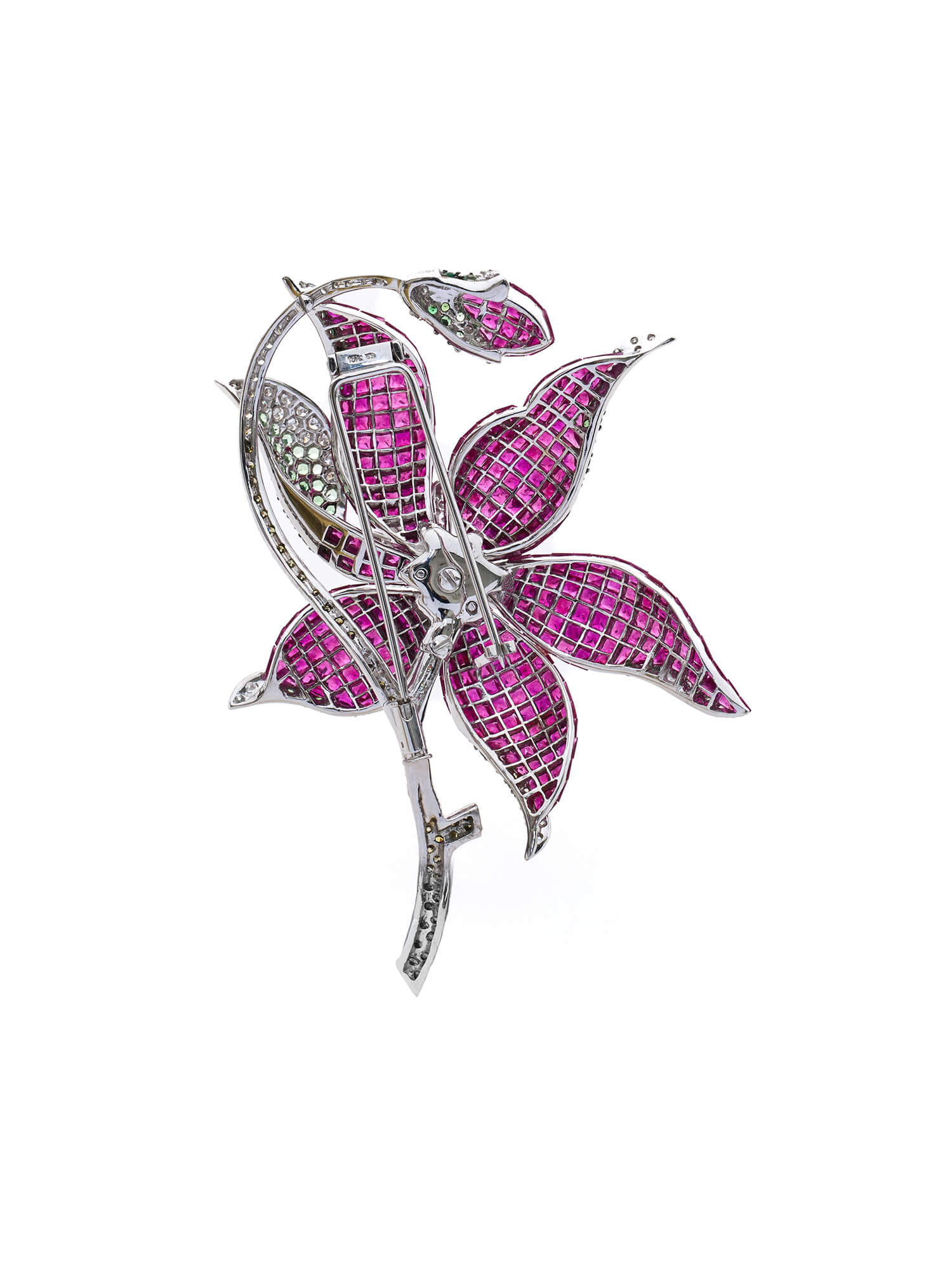 Ruby, Tsavorite & Diamond Floral Brooch in 18K White Gold