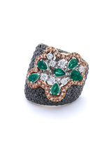 Emerald, Black & White Diamond Pavé Cocktail Ring in White Gold