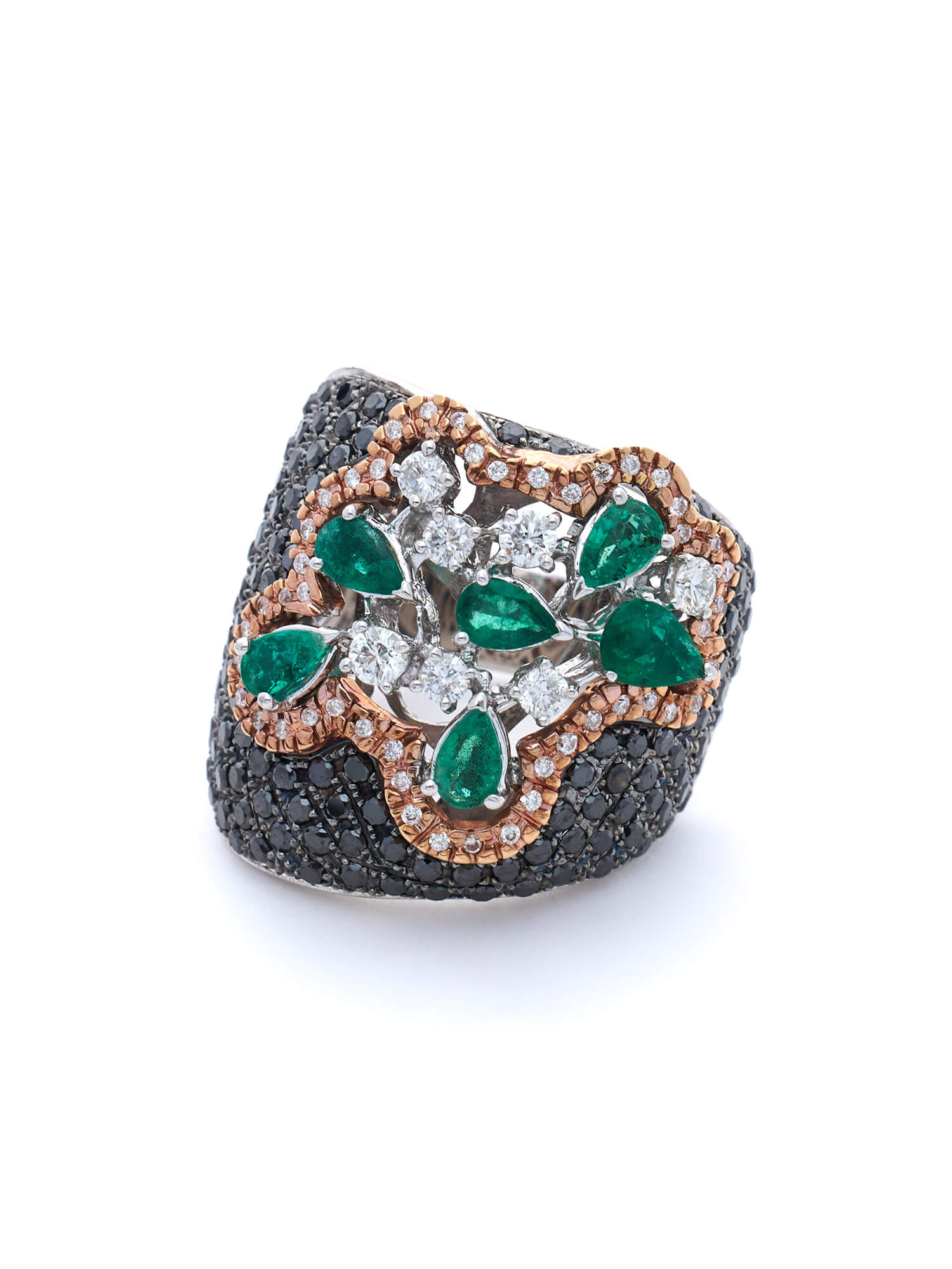 Emerald, Black & White Diamond Pavé Cocktail Ring in White Gold