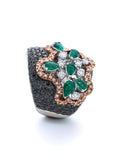 Emerald, Black & White Diamond Pavé Cocktail Ring in White Gold