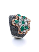 Emerald, Black & White Diamond Pavé Cocktail Ring in White Gold