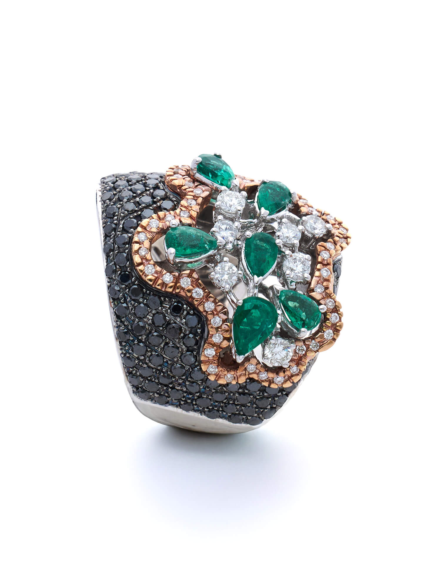 Emerald, Black & White Diamond Pavé Cocktail Ring in White Gold