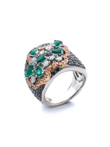 Emerald, Black & White Diamond Pavé Cocktail Ring in White Gold