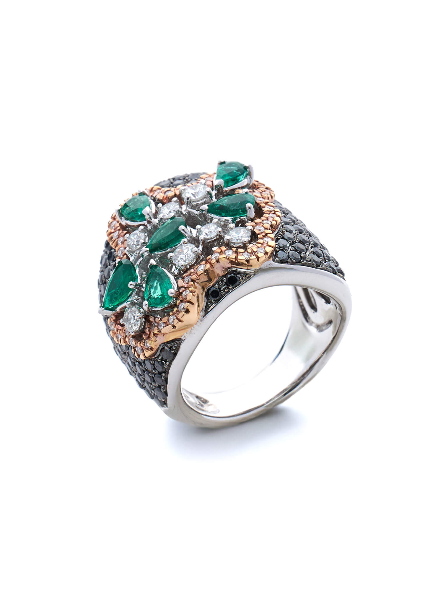 Emerald, Black & White Diamond Pavé Cocktail Ring in White Gold