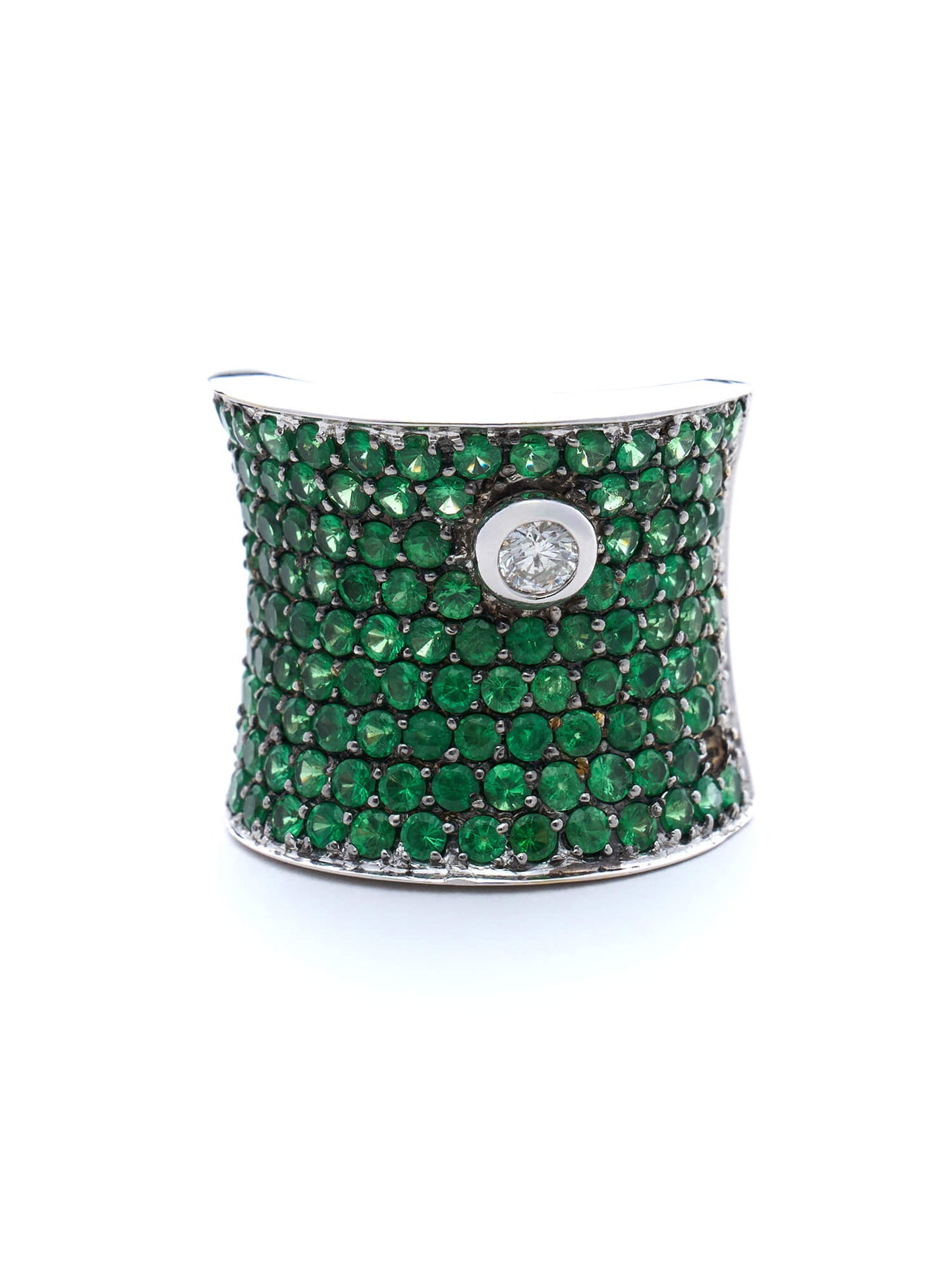 Tsavorite Pavé Statement Ring with Diamond in 18K White Gold