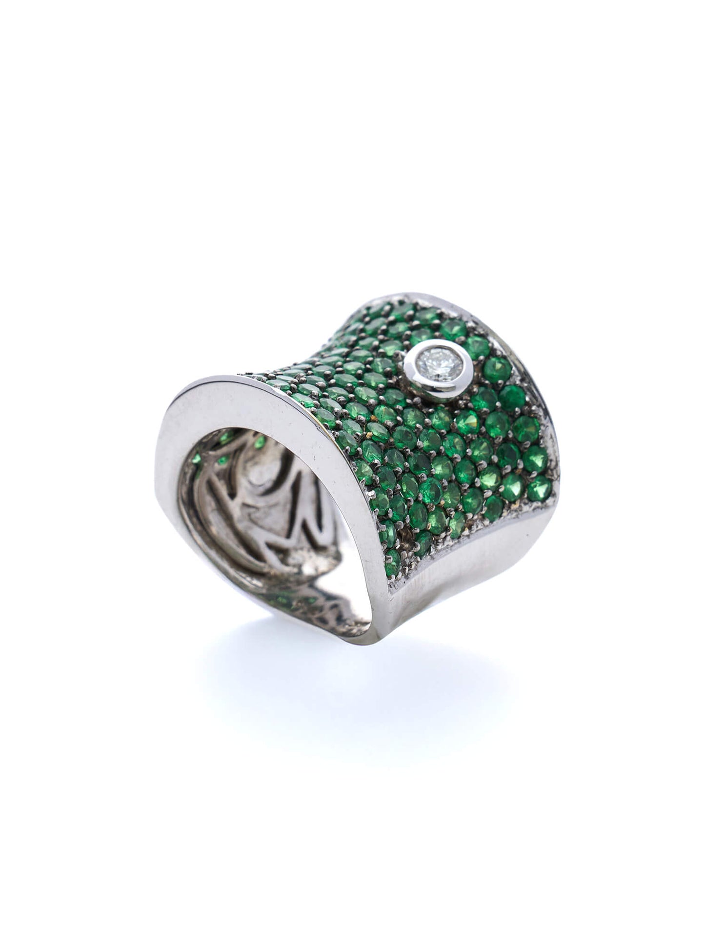 Tsavorite Pavé Statement Ring with Diamond in 18K White Gold