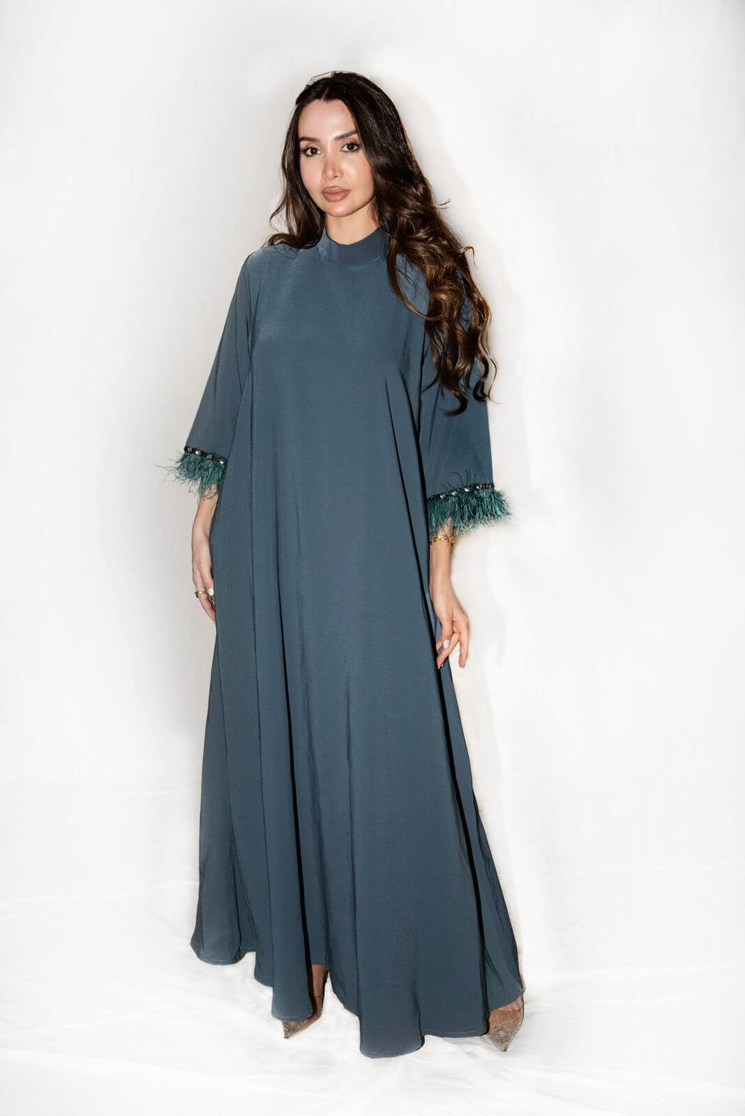 Petrol Feather-Trim Galabya with swarovski accessories
