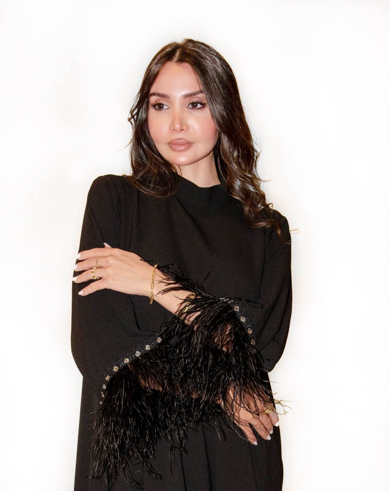 Black Feather-Trim Galabya with swarovski accessories