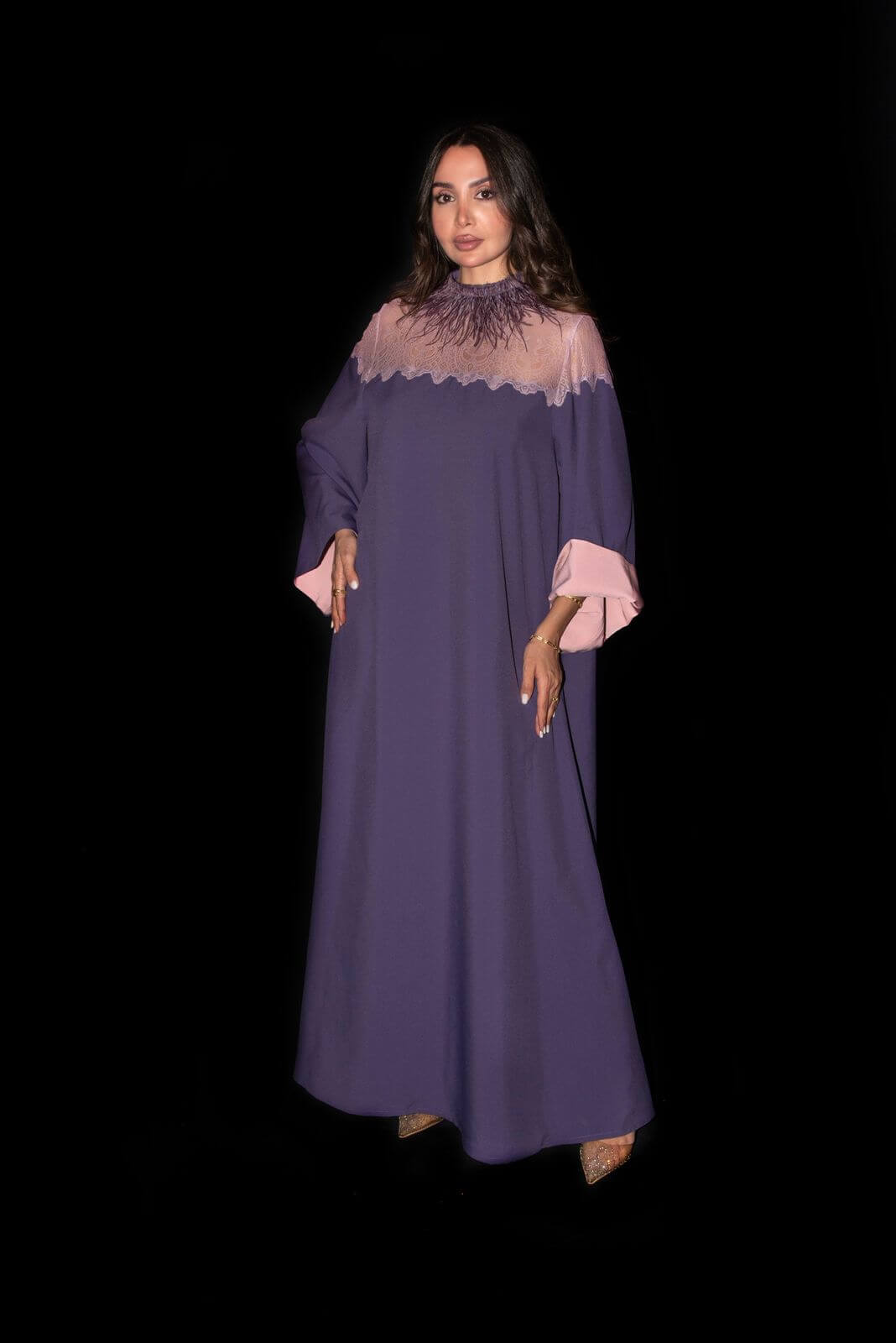 Purple with White Lace-Yoke Galabya