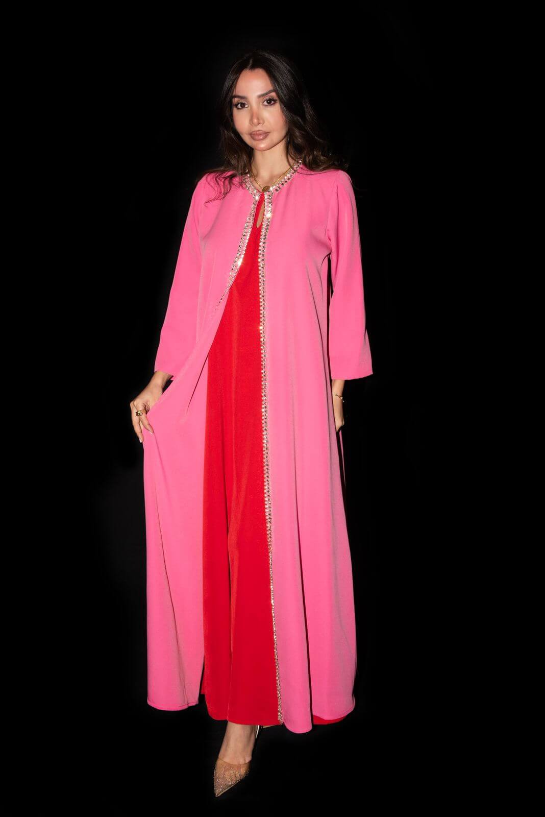 Pink Crystal-Embellished Open Abaya