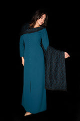 Turquoise Dress with Black Lace Cape