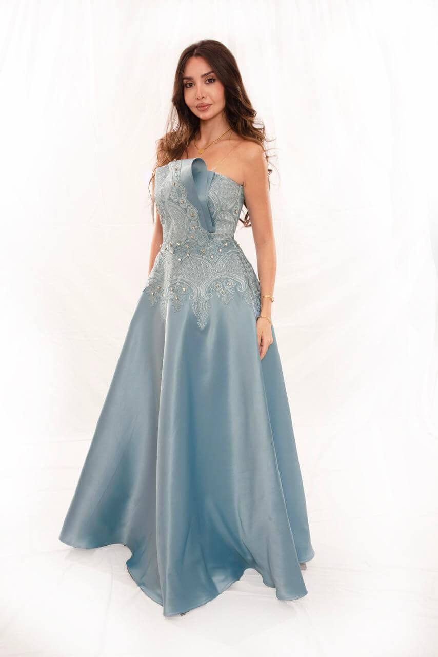 Powder Blue Strapless Embroidered Evening Gown