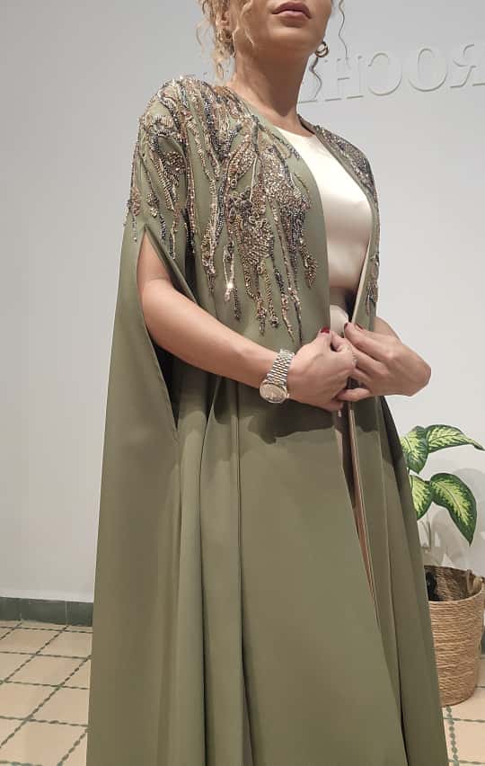 Rochelle Embellished Cape Abaya in Olive Green