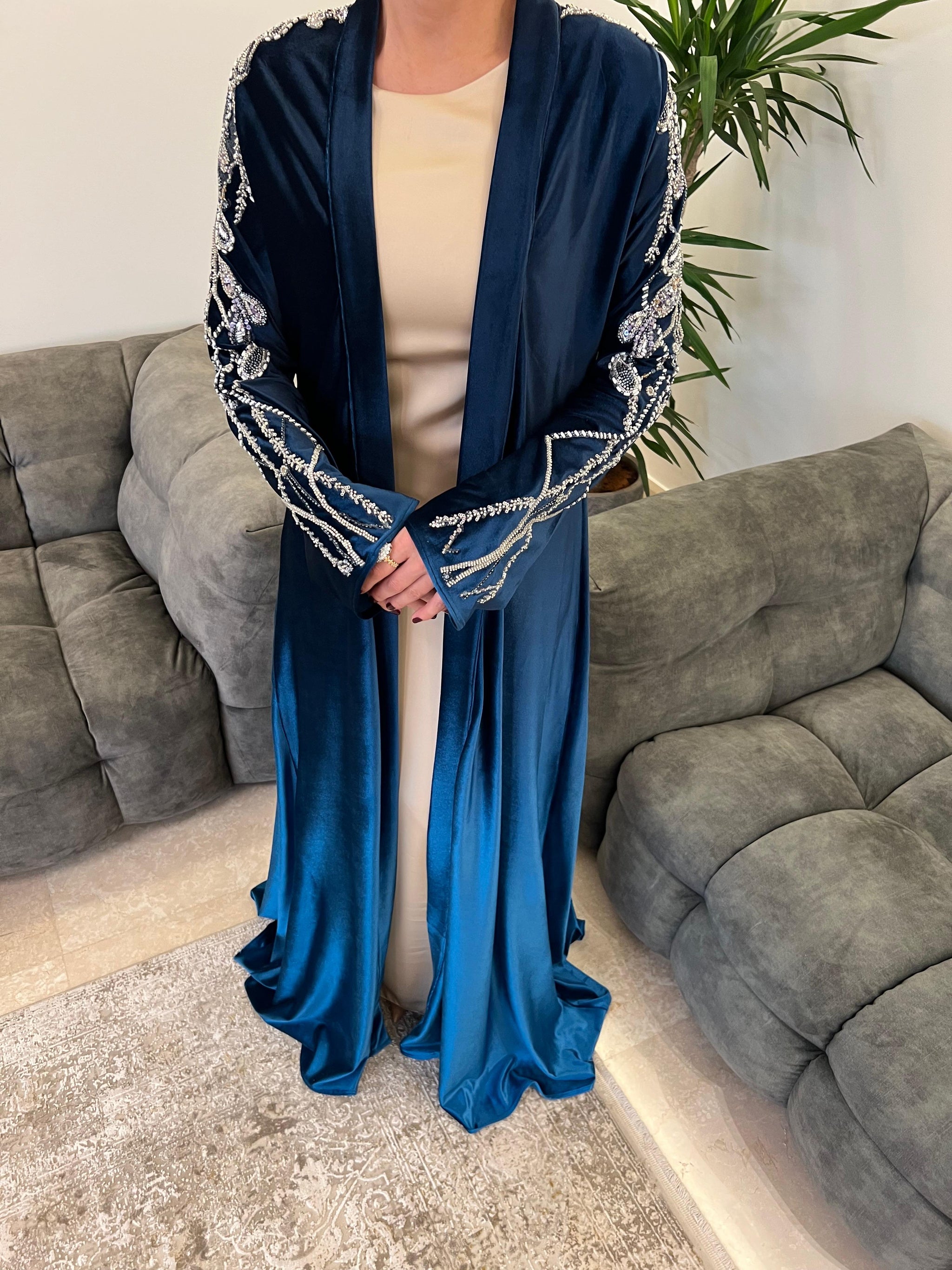 Rochelle Midnight Teal Crystal-Embellished Velvet Abaya