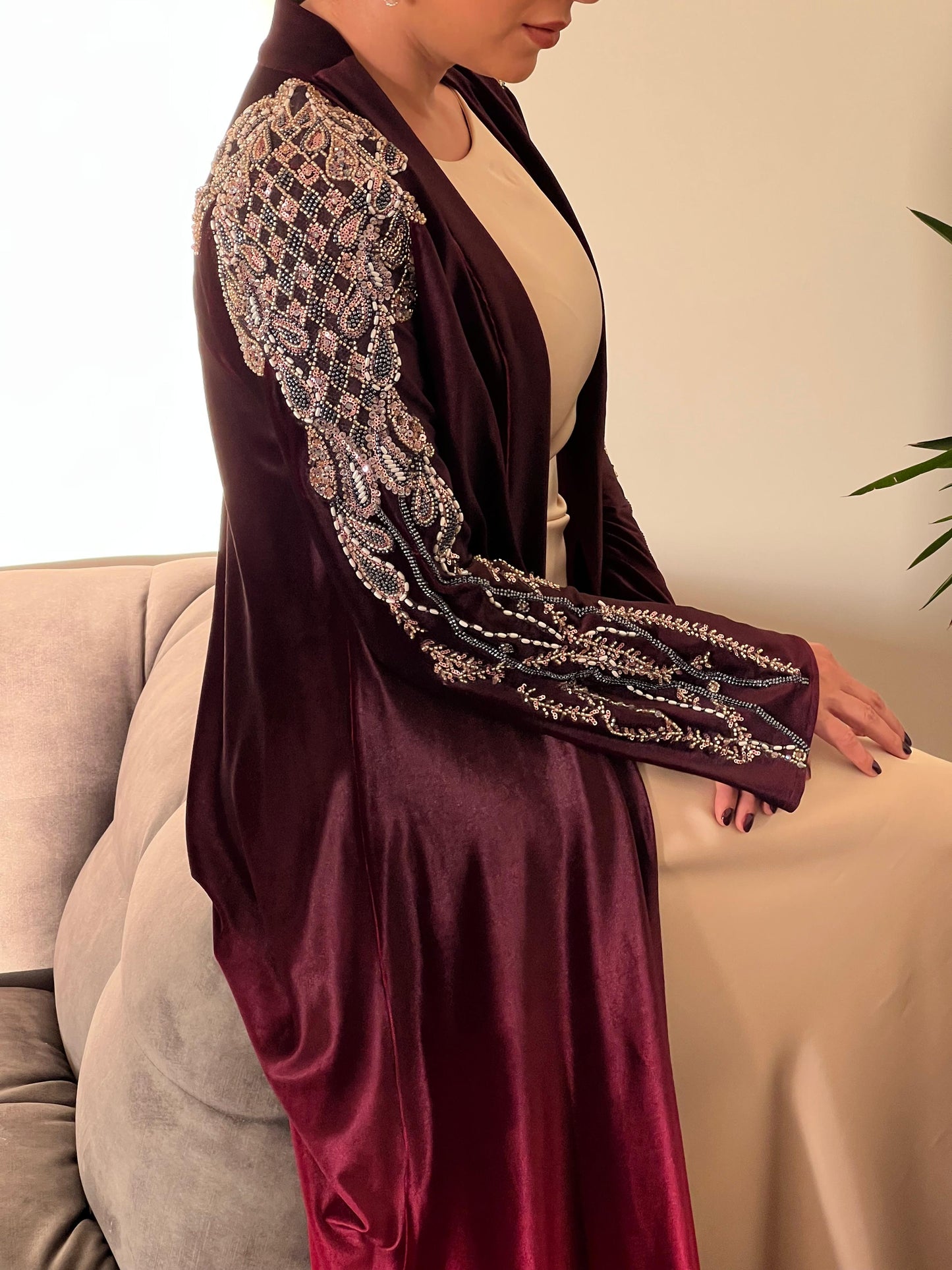 Rochelle Burgundy & Crimson Crystal-Embellished Velvet Abaya