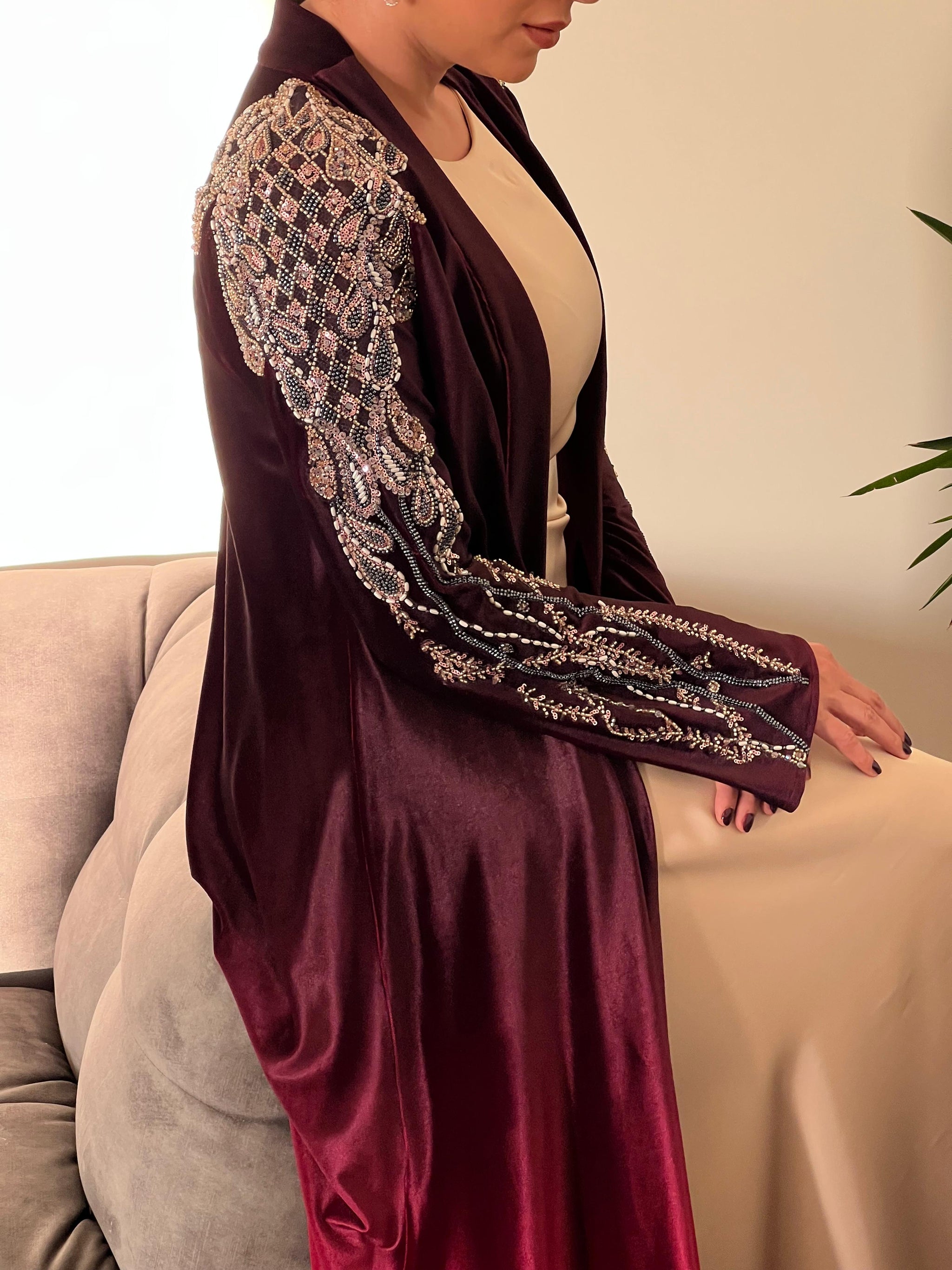 Rochelle Burgundy & Crimson Crystal-Embellished Velvet Abaya