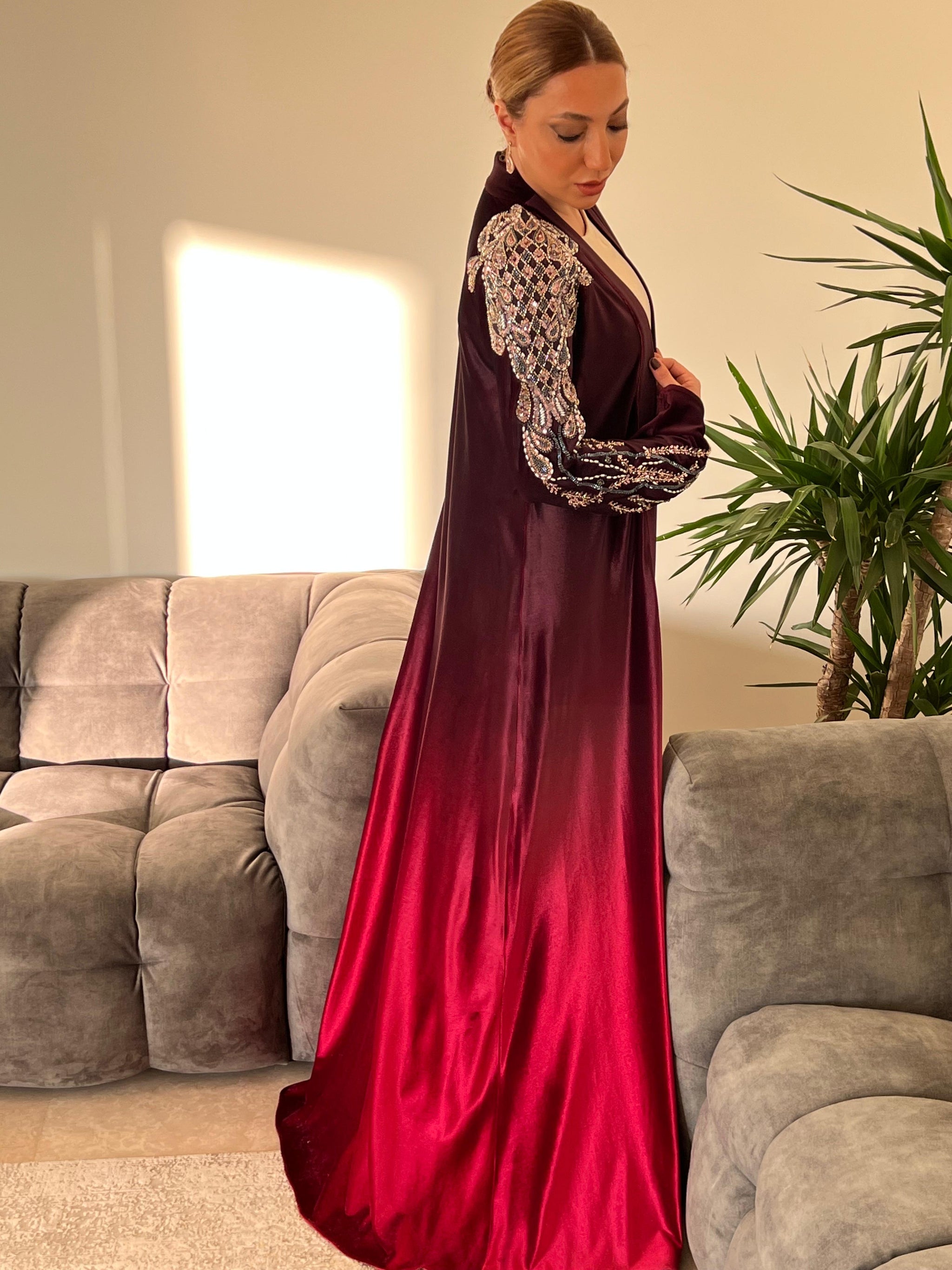 Rochelle Burgundy & Crimson Crystal-Embellished Velvet Abaya