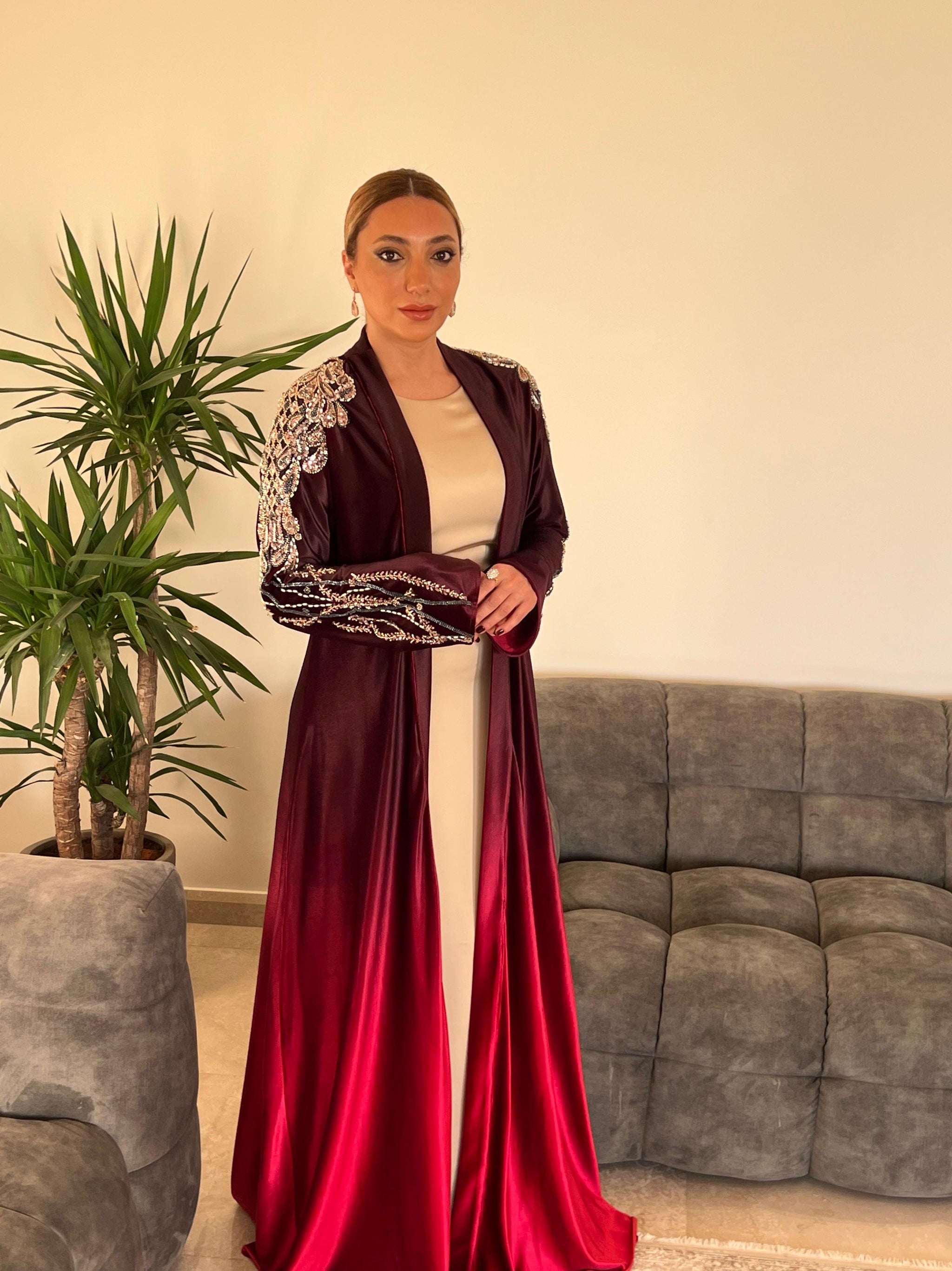 Rochelle Burgundy & Crimson Crystal-Embellished Velvet Abaya