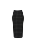 Black Sheer Scarf-Tie Blouse and Windowpane Check Pencil Skirt Set