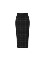 Black Sheer Scarf-Tie Blouse and Windowpane Check Pencil Skirt Set