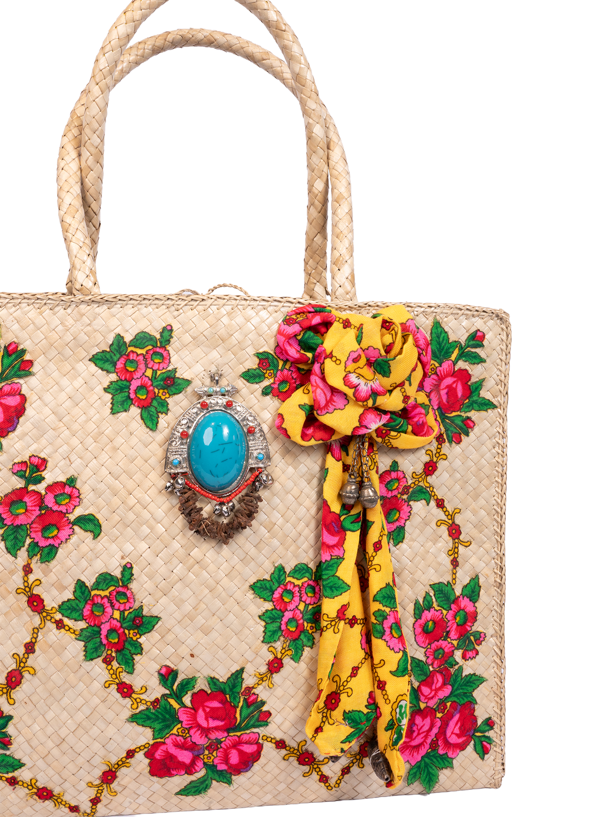 Woven Floral Print Beach Tote Bag
