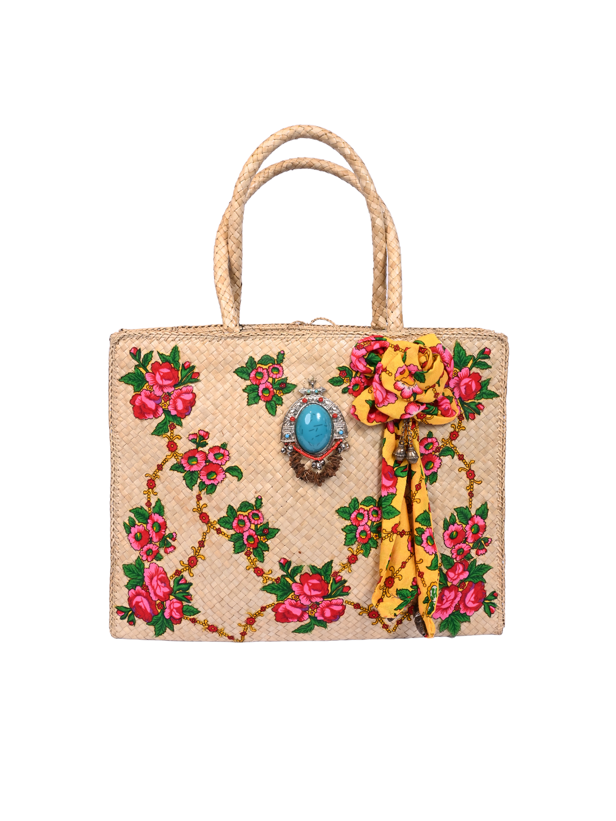 Woven Floral Print Beach Tote Bag