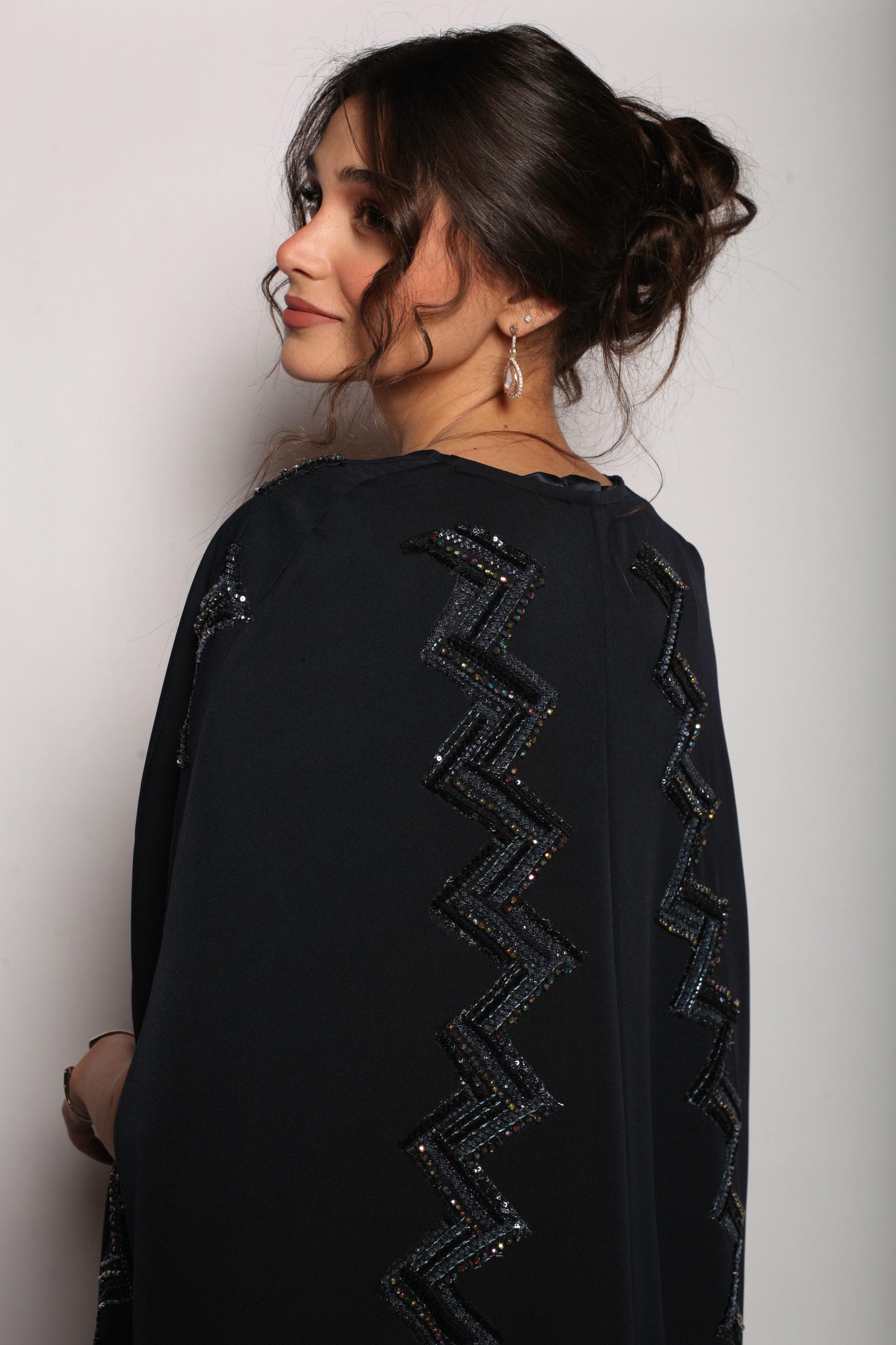 Rochelle Zigzag Crystal Cape Abaya in Navy