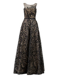 Tadashi Shoji black floral appliqué A-line gown front — luxury dress Saudi Arabia | SO. by Sora