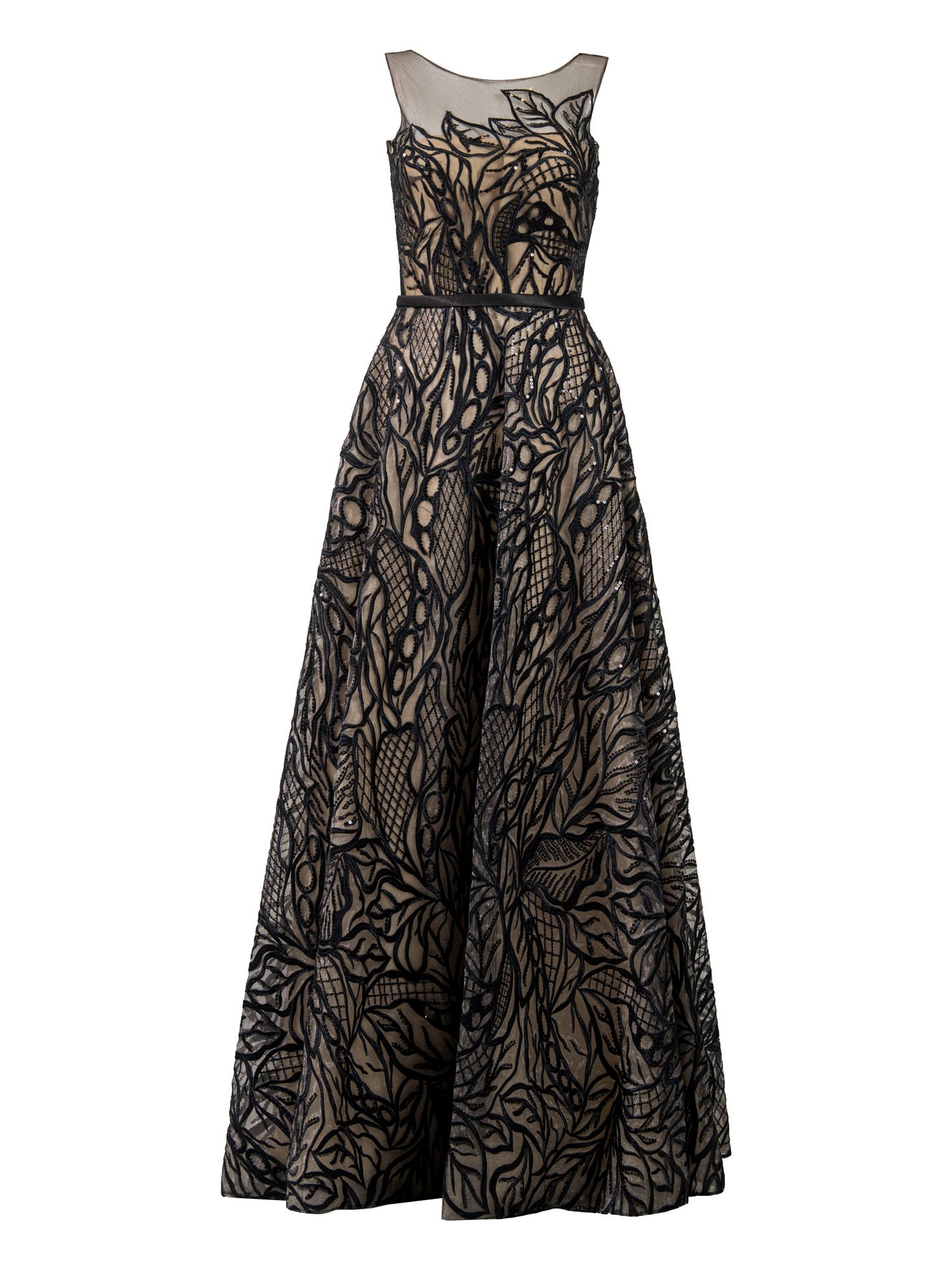 Tadashi Shoji black floral appliqué A-line gown front — luxury dress Saudi Arabia | SO. by Sora