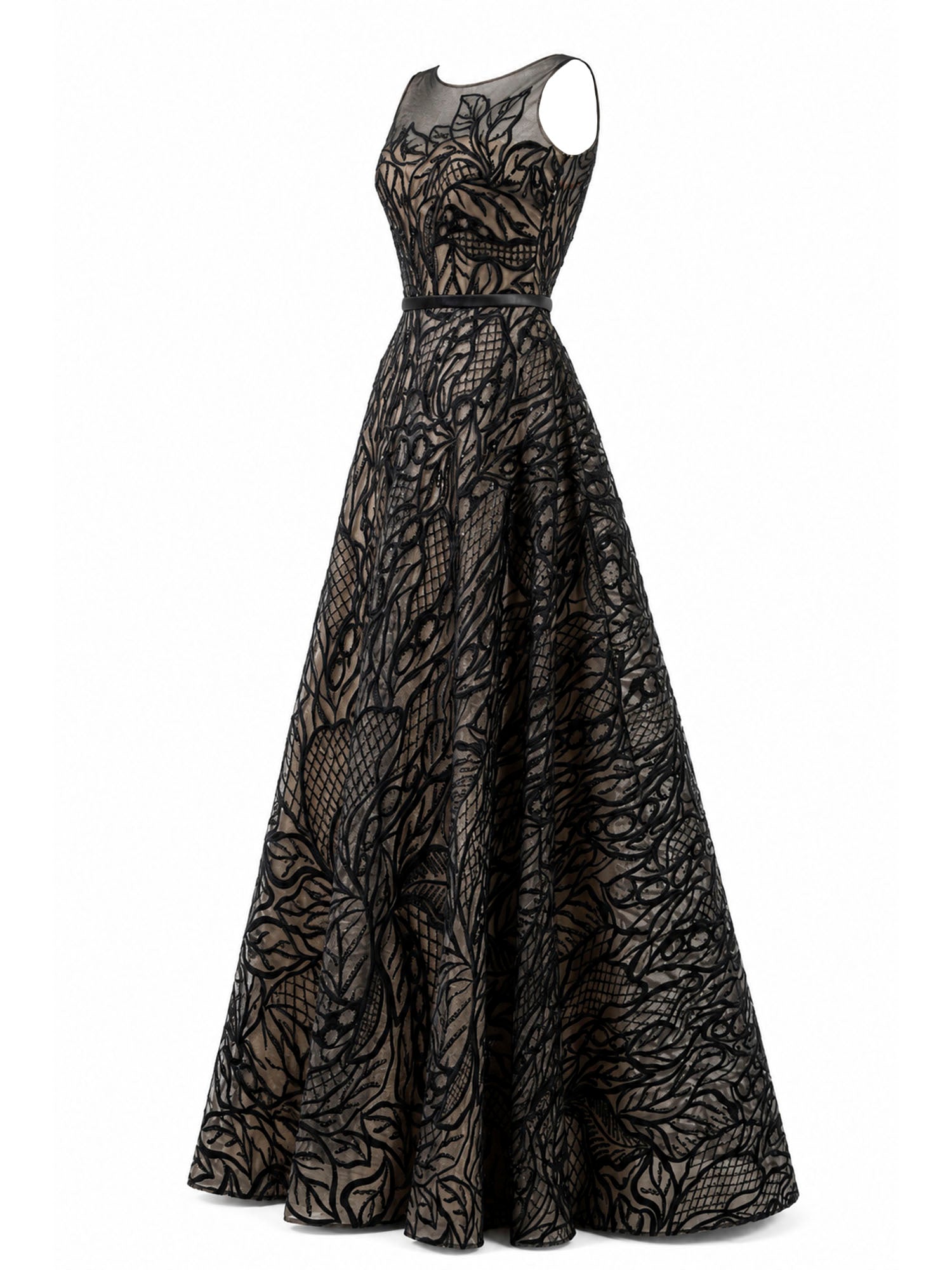 Tadashi Shoji black appliqué gown angled view — designer evening dress KSA | SO. by Sora