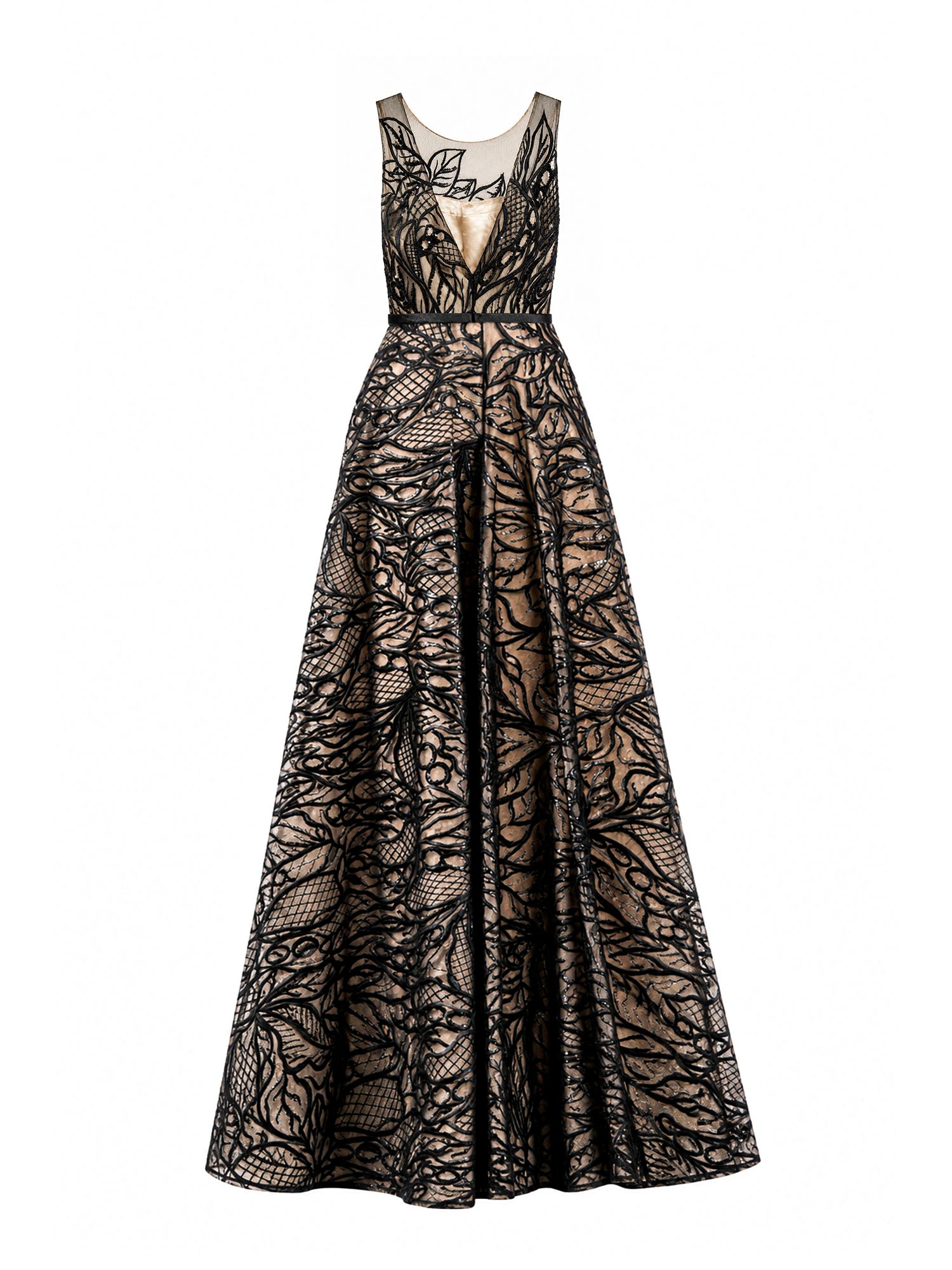 Tadashi Shoji black A-line gown skirt view — buy evening gown online Saudi Arabia | SO. by Sora