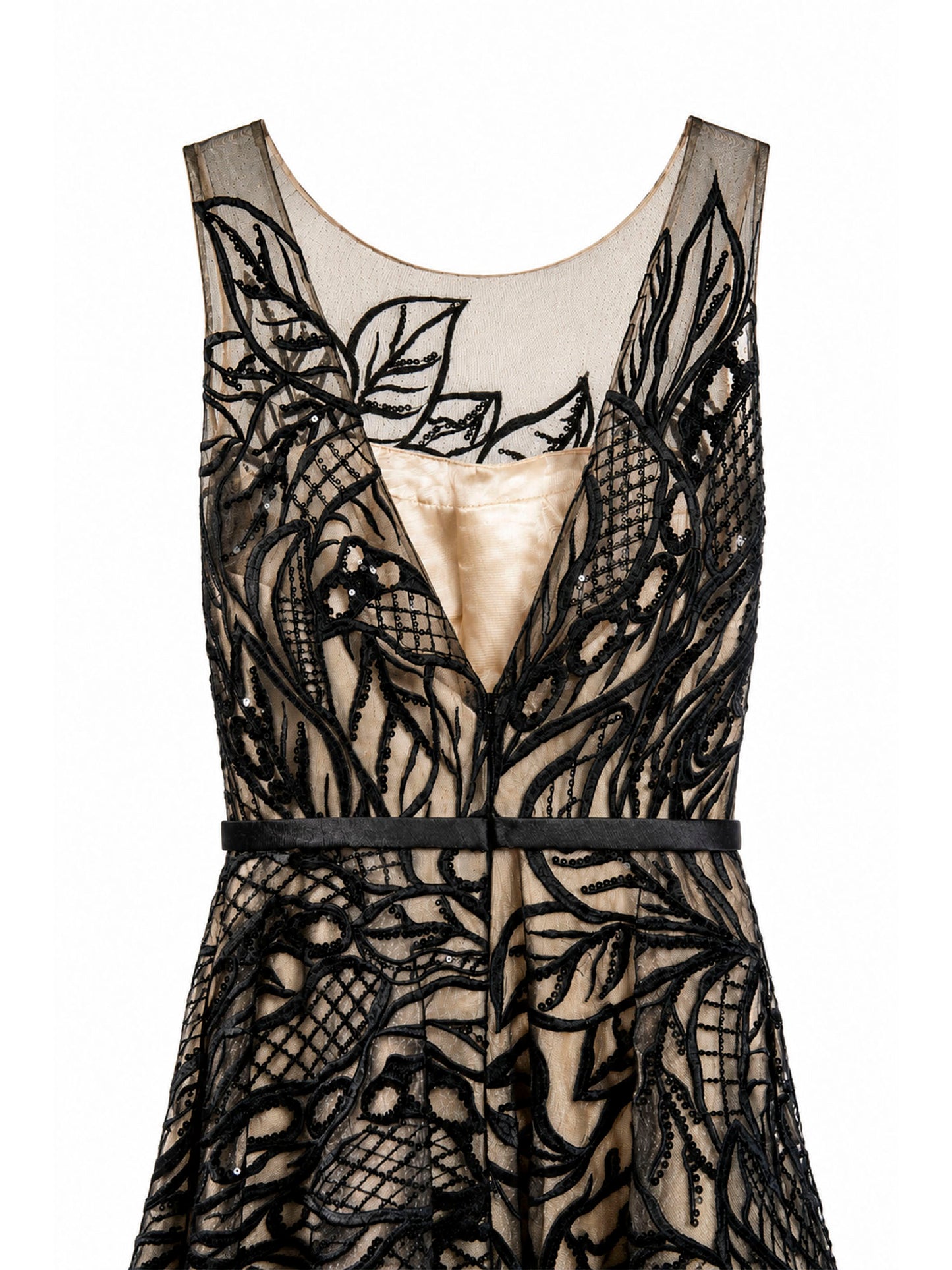 Tadashi Shoji illusion neckline appliqué detail — black A-line gown KSA | SO. by Sora