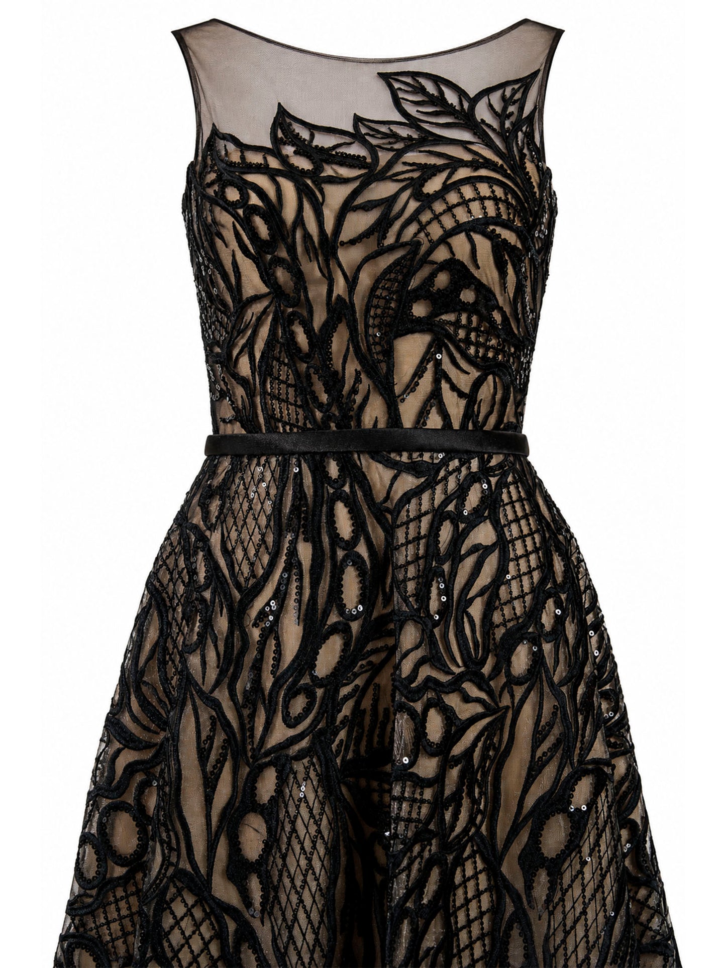 Tadashi Shoji bodice appliqué detail — black formal dress Saudi Arabia | SO. by Sora