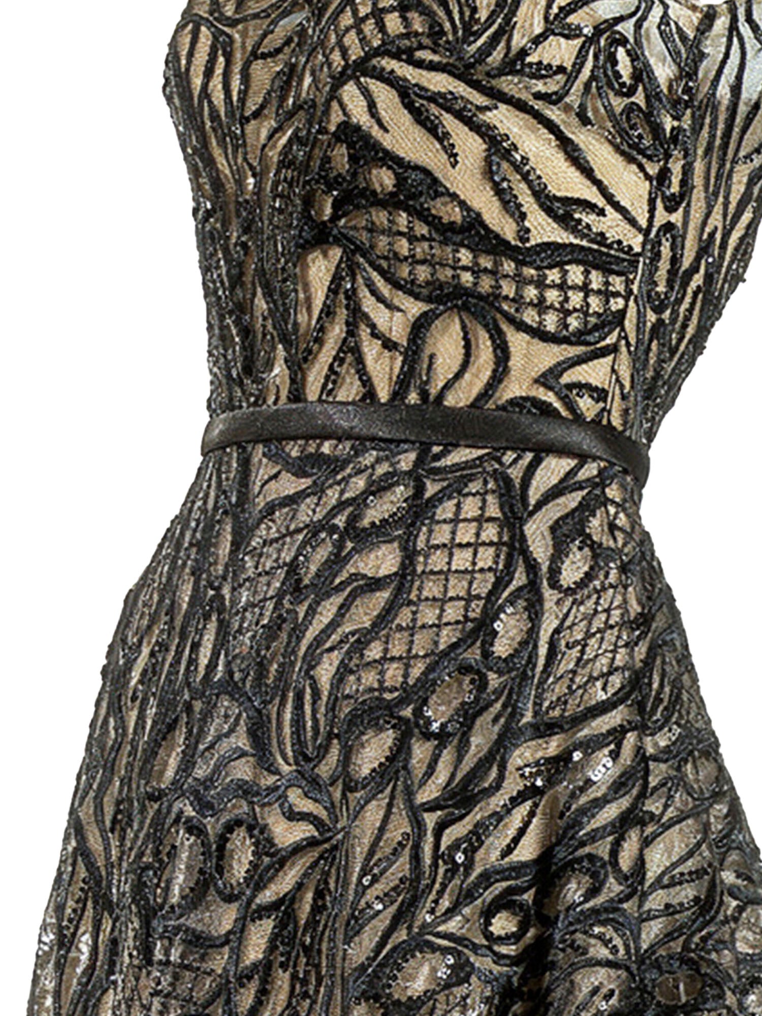 Tadashi Shoji waist belt and appliqué detail — black evening gown KSA | SO. by Sora