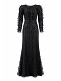 Tadashi Shoji black floral lace long-sleeve mermaid gown front — luxury dress Saudi Arabia | SO. by Sora