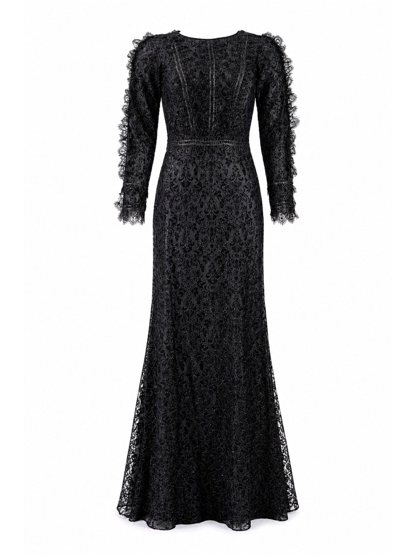 Tadashi Shoji black floral lace long-sleeve mermaid gown front — luxury dress Saudi Arabia | SO. by Sora