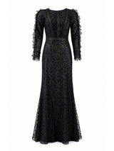 Tadashi Shoji black floral lace long-sleeve mermaid gown front — luxury dress Saudi Arabia | SO. by Sora