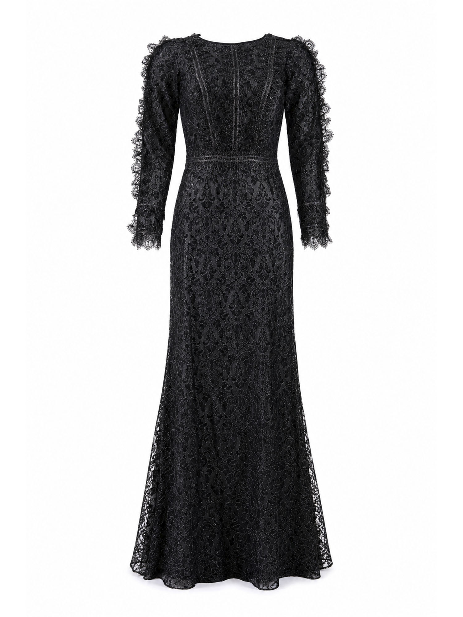 Tadashi Shoji black floral lace long-sleeve mermaid gown front — luxury dress Saudi Arabia | SO. by Sora