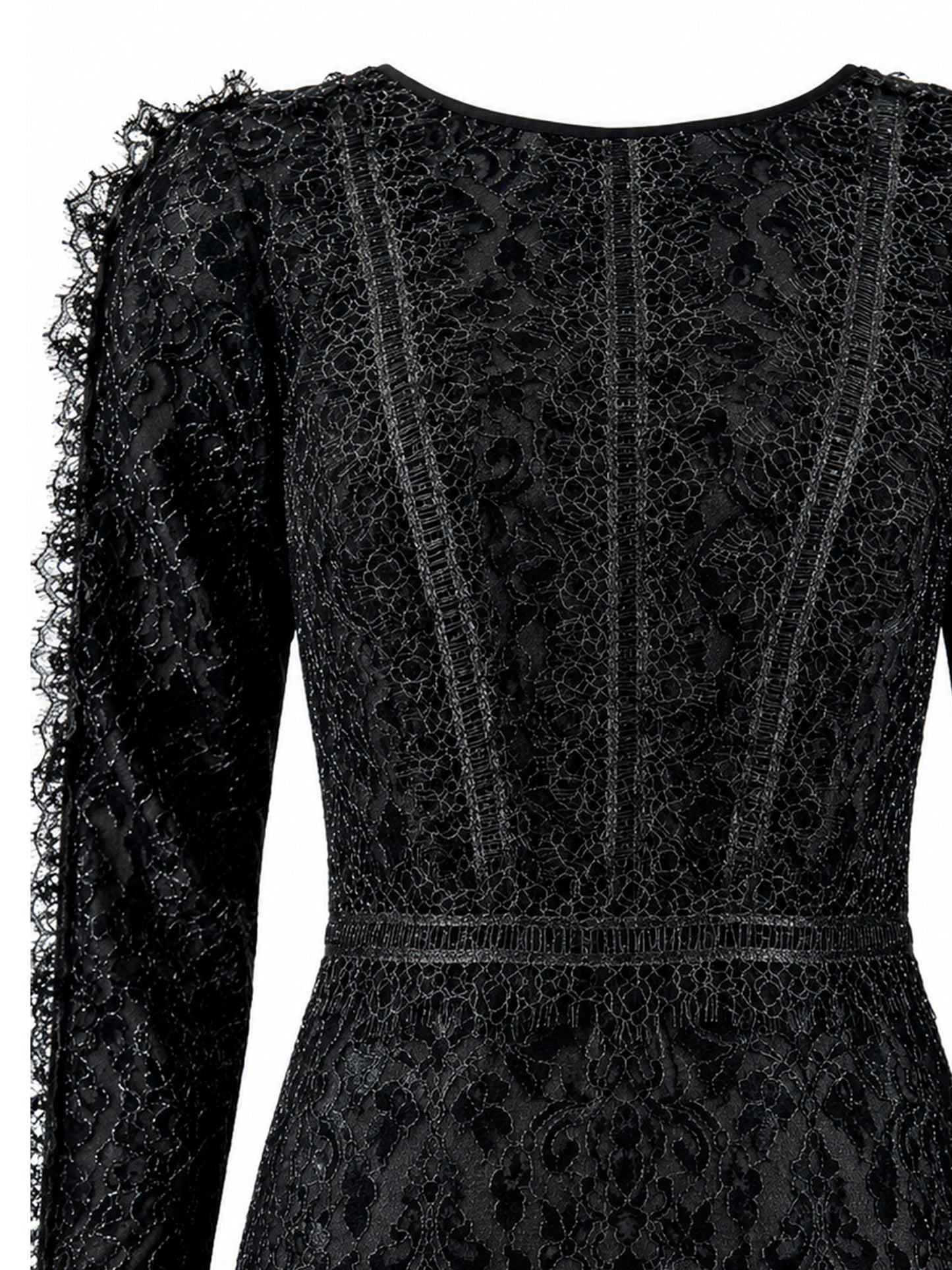 Tadashi Shoji lace bodice panelling detail — black floral lace mermaid gown | SO. by Sora