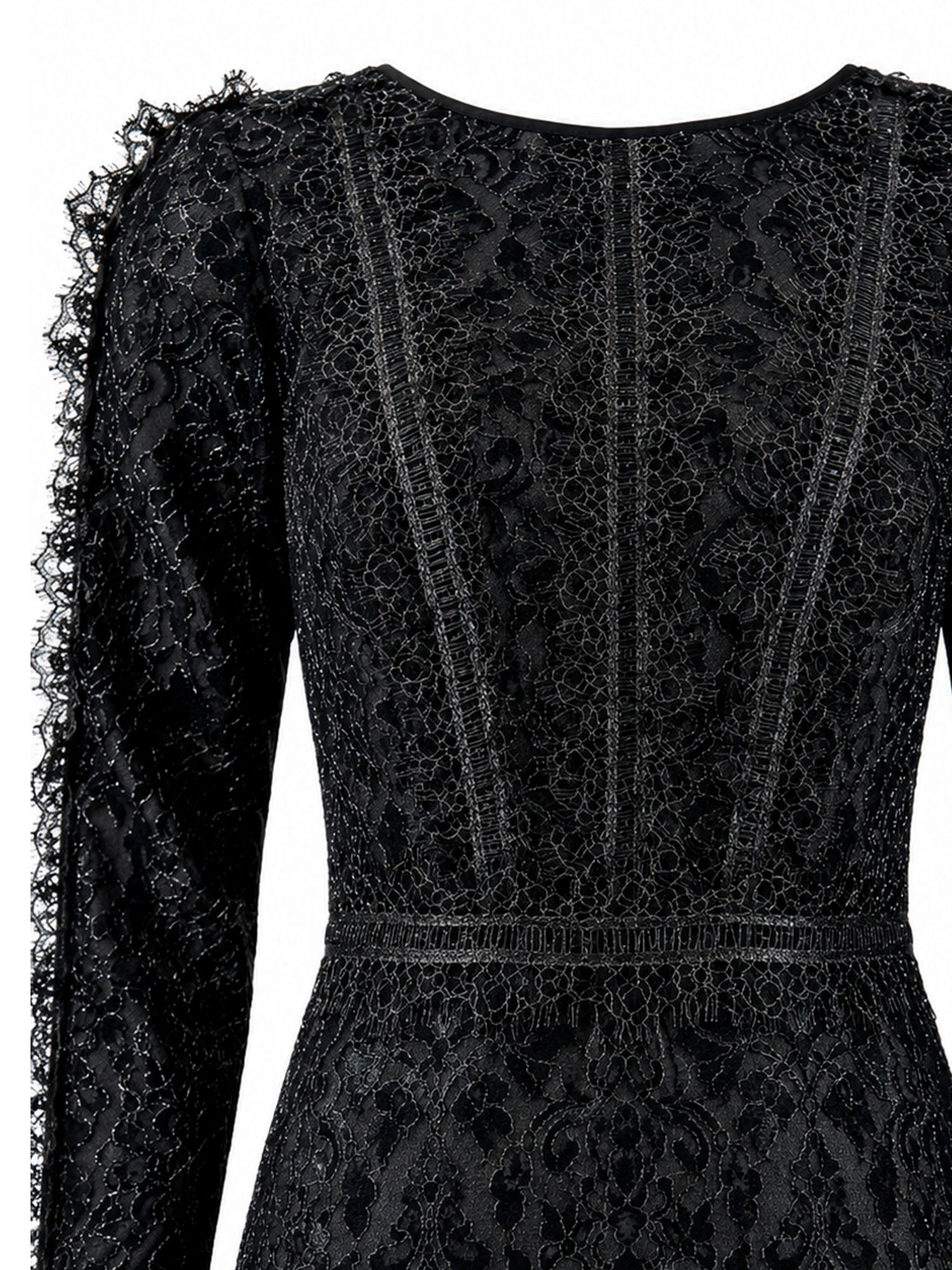 Tadashi Shoji lace bodice panelling detail — black floral lace mermaid gown | SO. by Sora