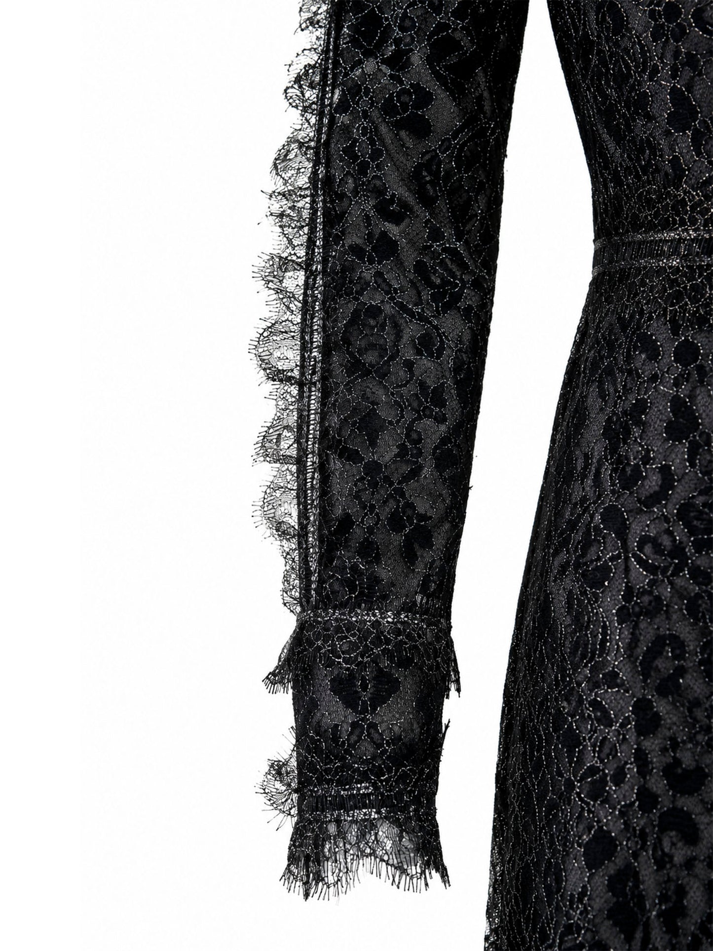 Tadashi Shoji eyelash-lace sleeve cuff detail — black lace evening dress KSA | SO. by Sora