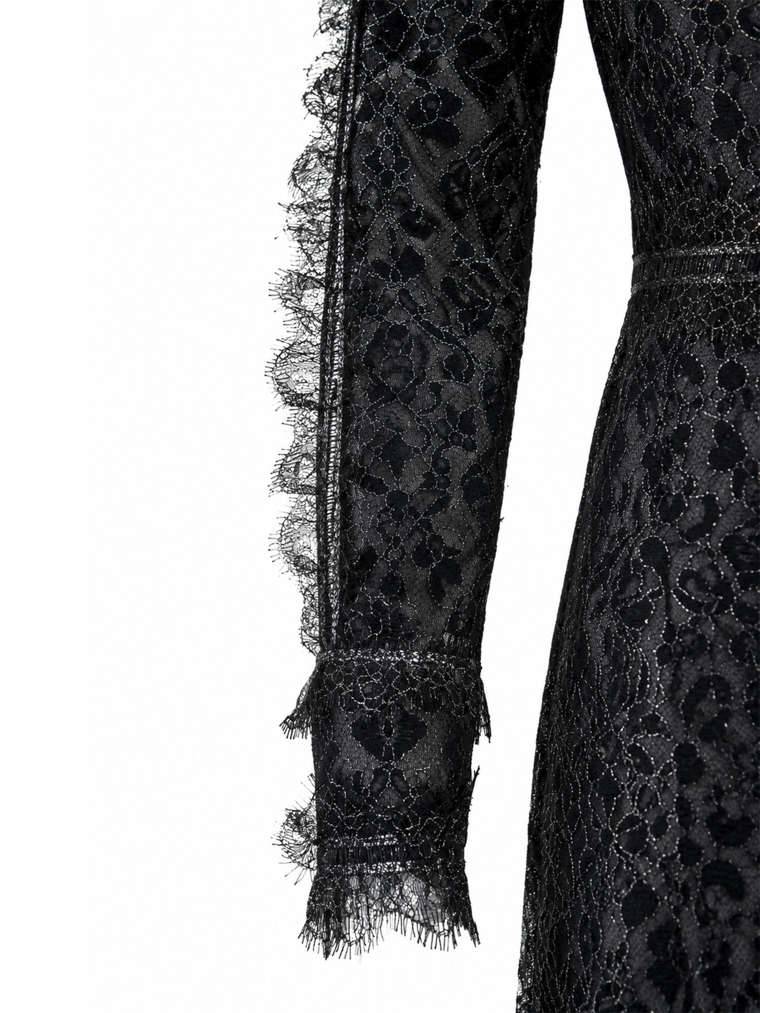 Tadashi Shoji eyelash-lace sleeve cuff detail — black lace evening dress KSA | SO. by Sora