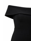 Aqua off-shoulder neckline detail — black crepe mermaid gown Saudi Arabia | SO. by Sora
