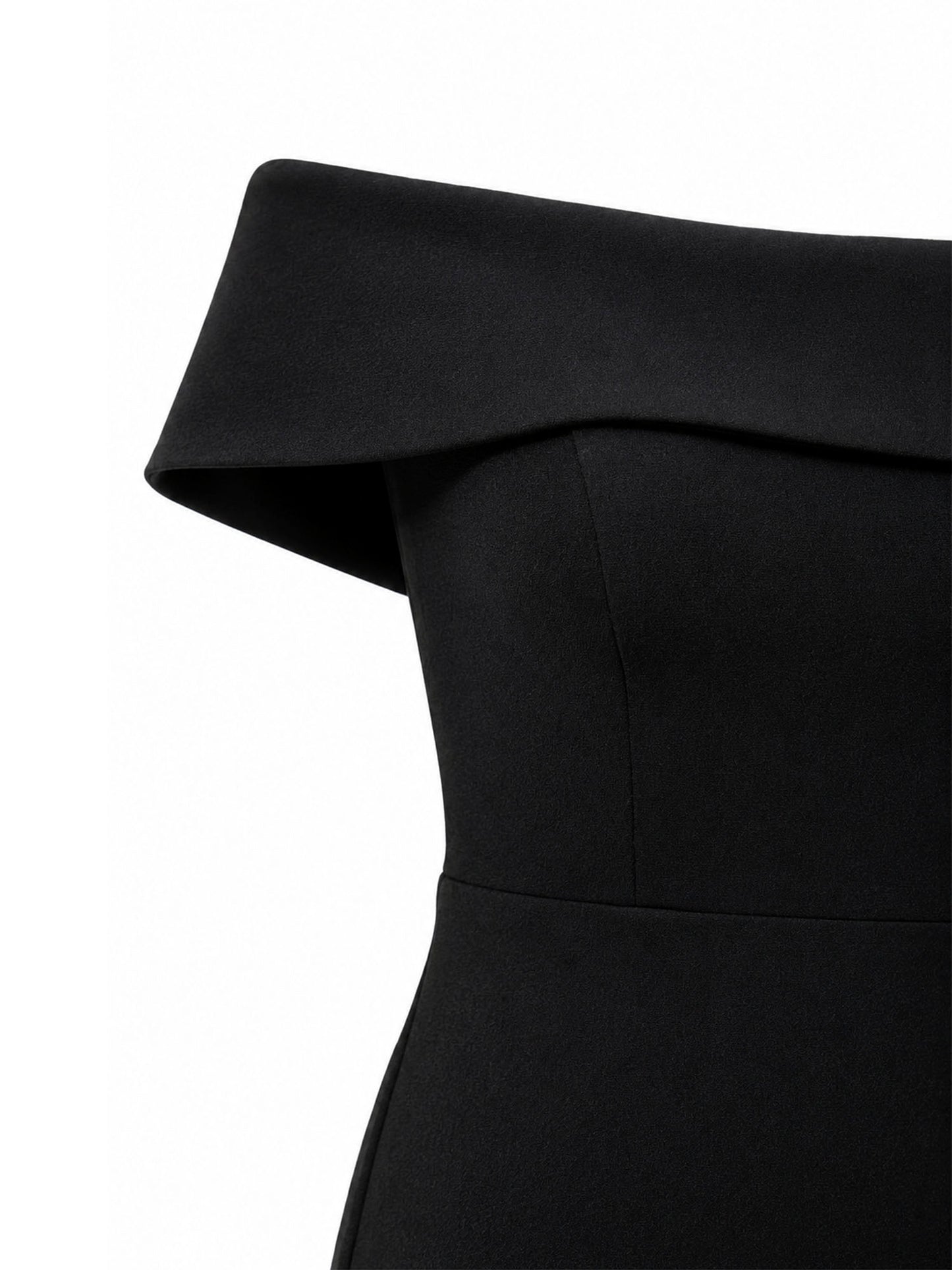 Aqua off-shoulder neckline detail — black crepe mermaid gown Saudi Arabia | SO. by Sora