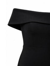 Aqua off-shoulder neckline detail — black crepe mermaid gown Saudi Arabia | SO. by Sora