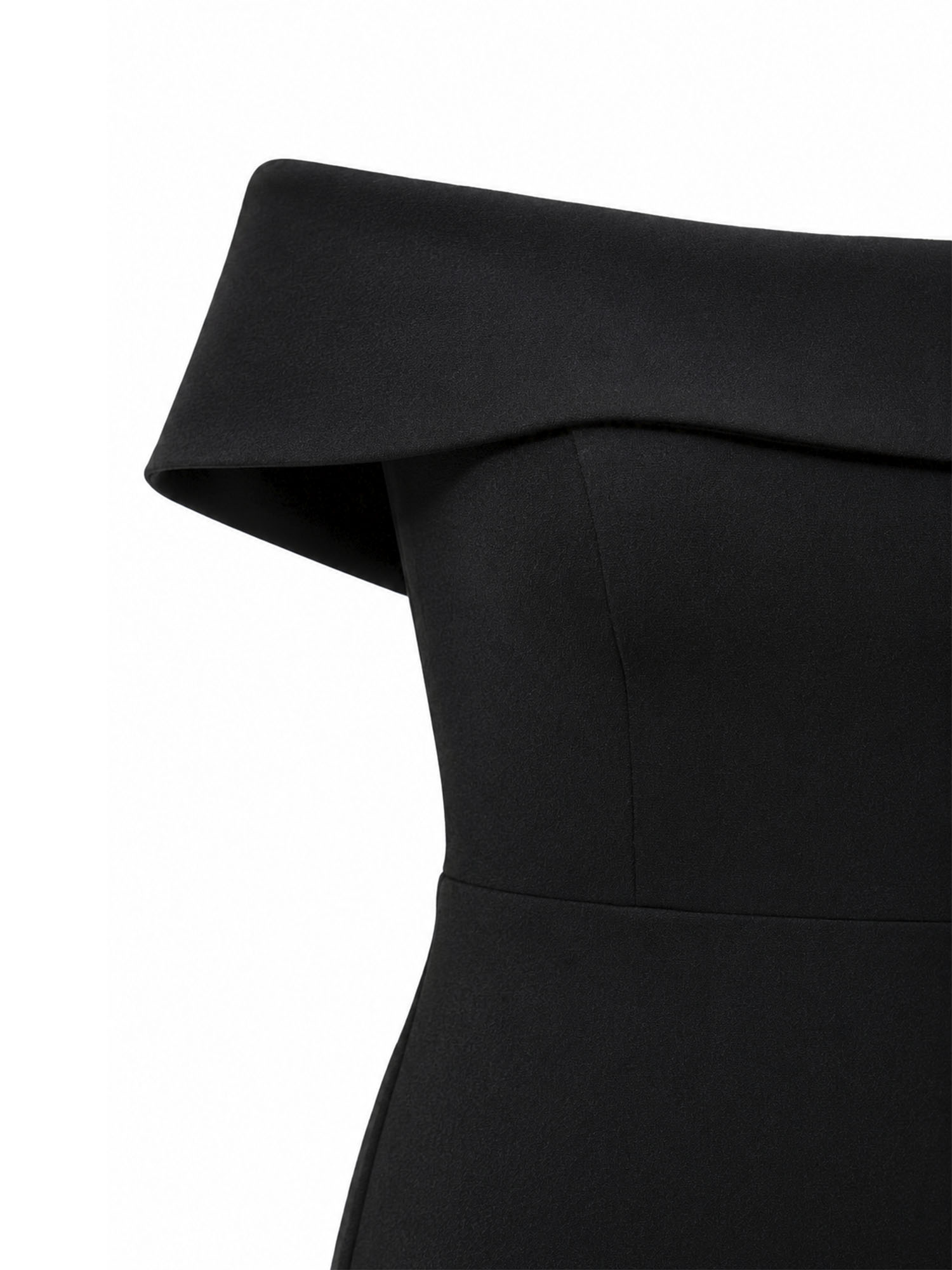 Aqua off-shoulder neckline detail — black crepe mermaid gown Saudi Arabia | SO. by Sora
