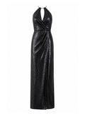 JS Collections black sequin ring-halter gown front — luxury evening dress Saudi Arabia | SO. by Sora